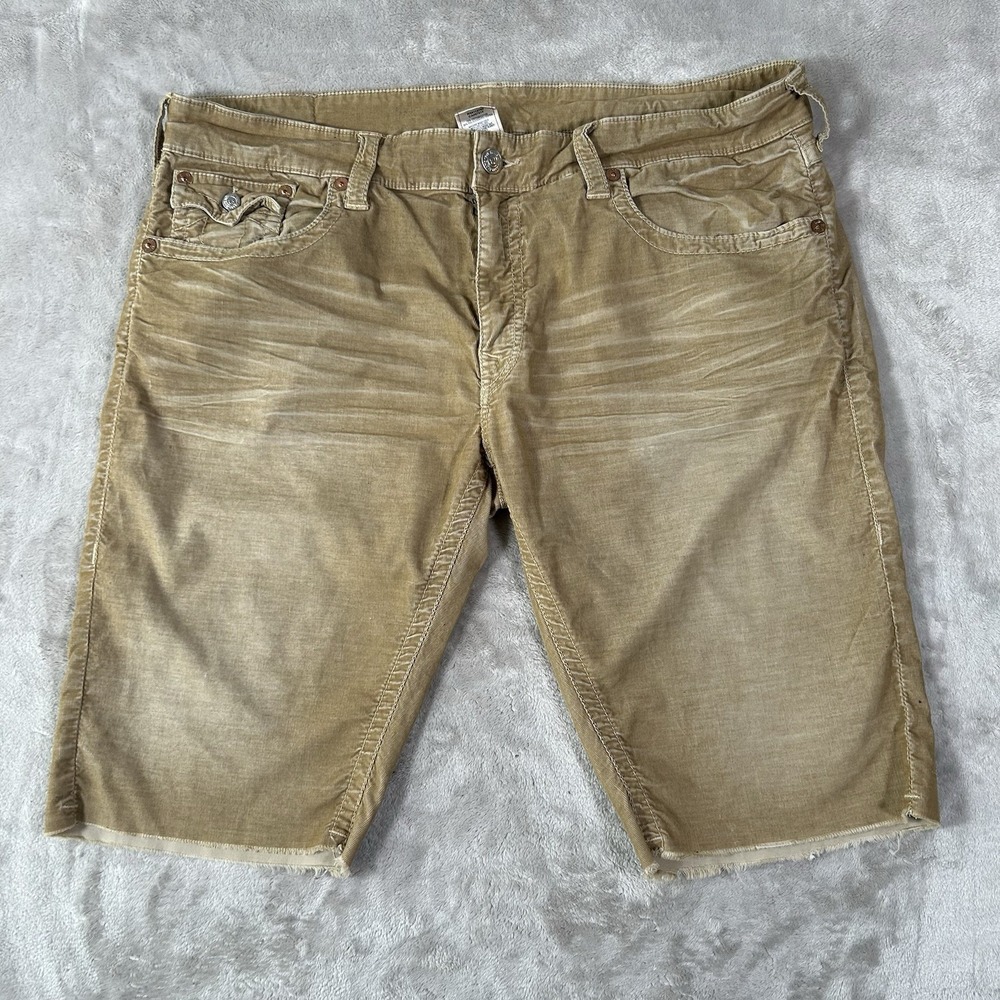True Religion Ricky Jean Short Men 40 Tan Corduroy Frayed Flap Pocket Jorts Y2K